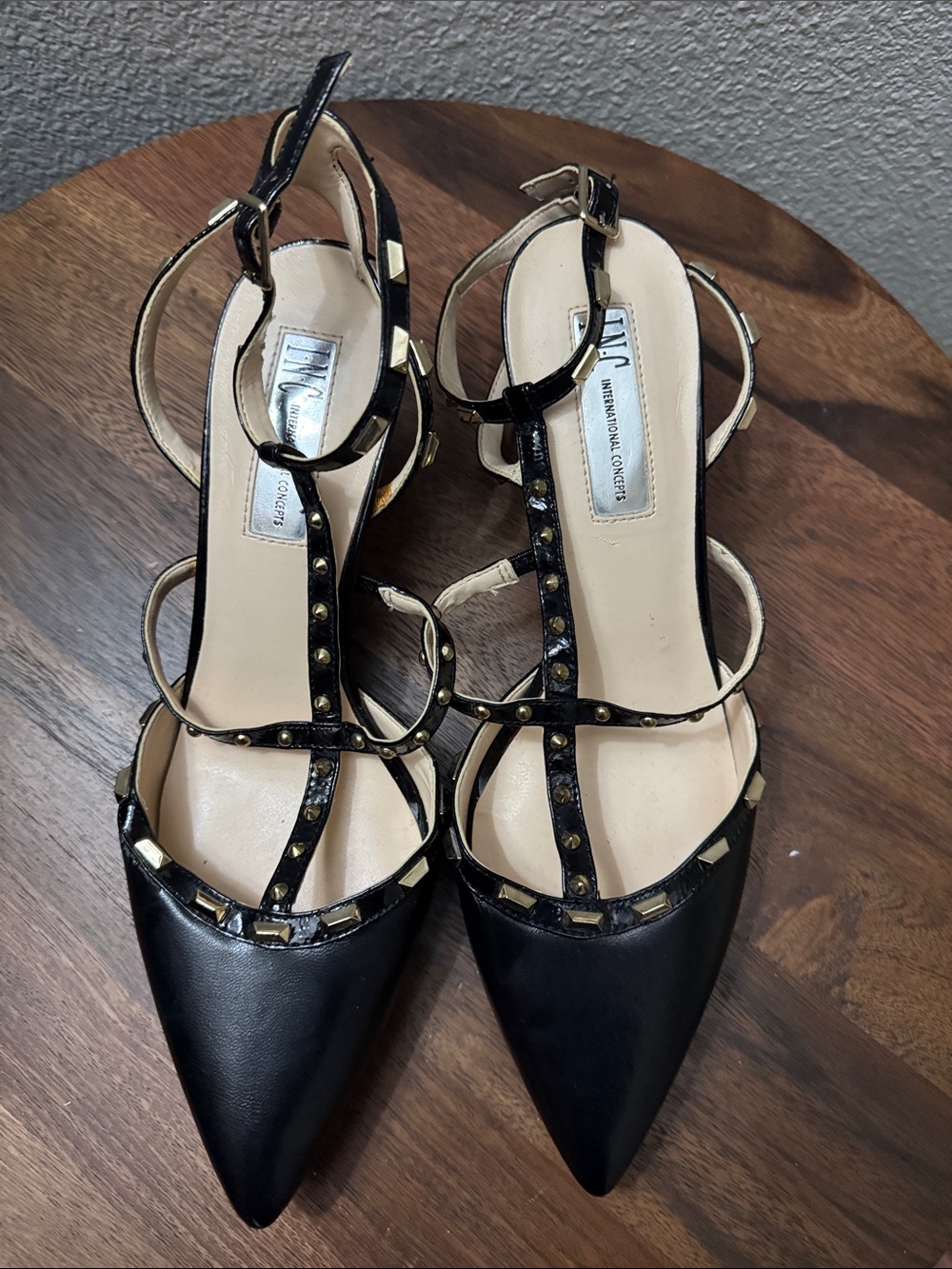 INC International Concepts Black Pointed T-Strap Studded Heels